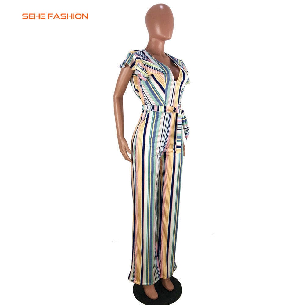 20520-MX25 sehe fashion leisure office deep v striped jumpsuit women