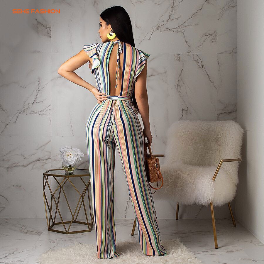 20520-MX25 sehe fashion leisure office deep v striped jumpsuit women