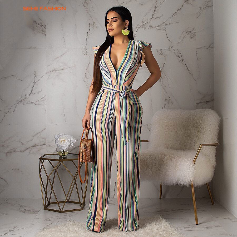 20520-MX25 sehe fashion leisure office deep v striped jumpsuit women