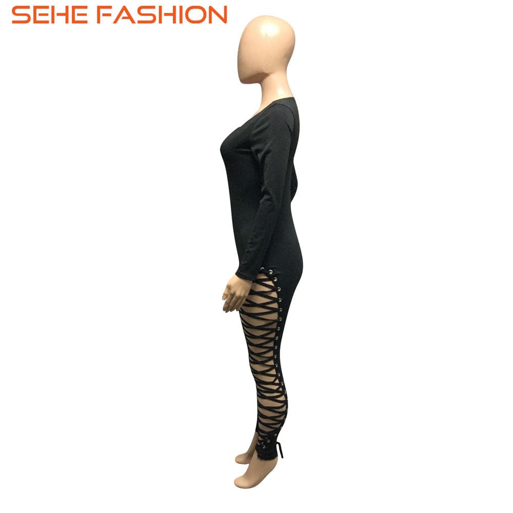 20810-MX95 special black bandage bodycon jumpsuits women sehe fashion