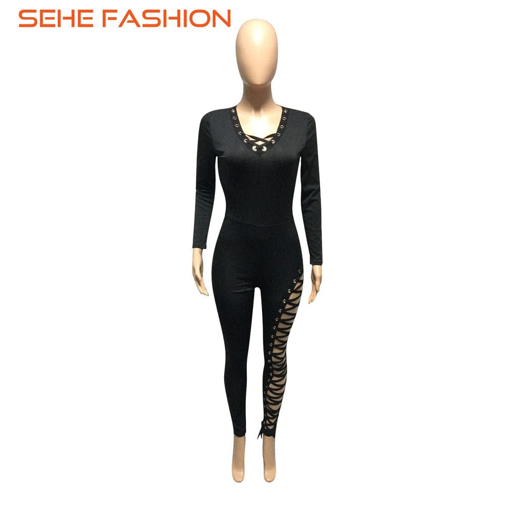 20810-MX95 special black bandage bodycon jumpsuits women sehe fashion