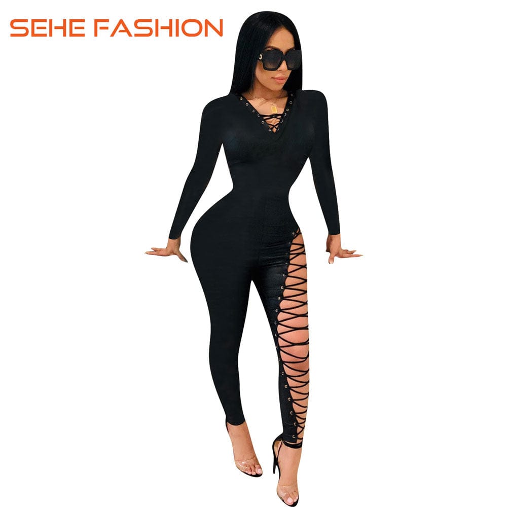 20810-MX95 special black bandage bodycon jumpsuits women sehe fashion