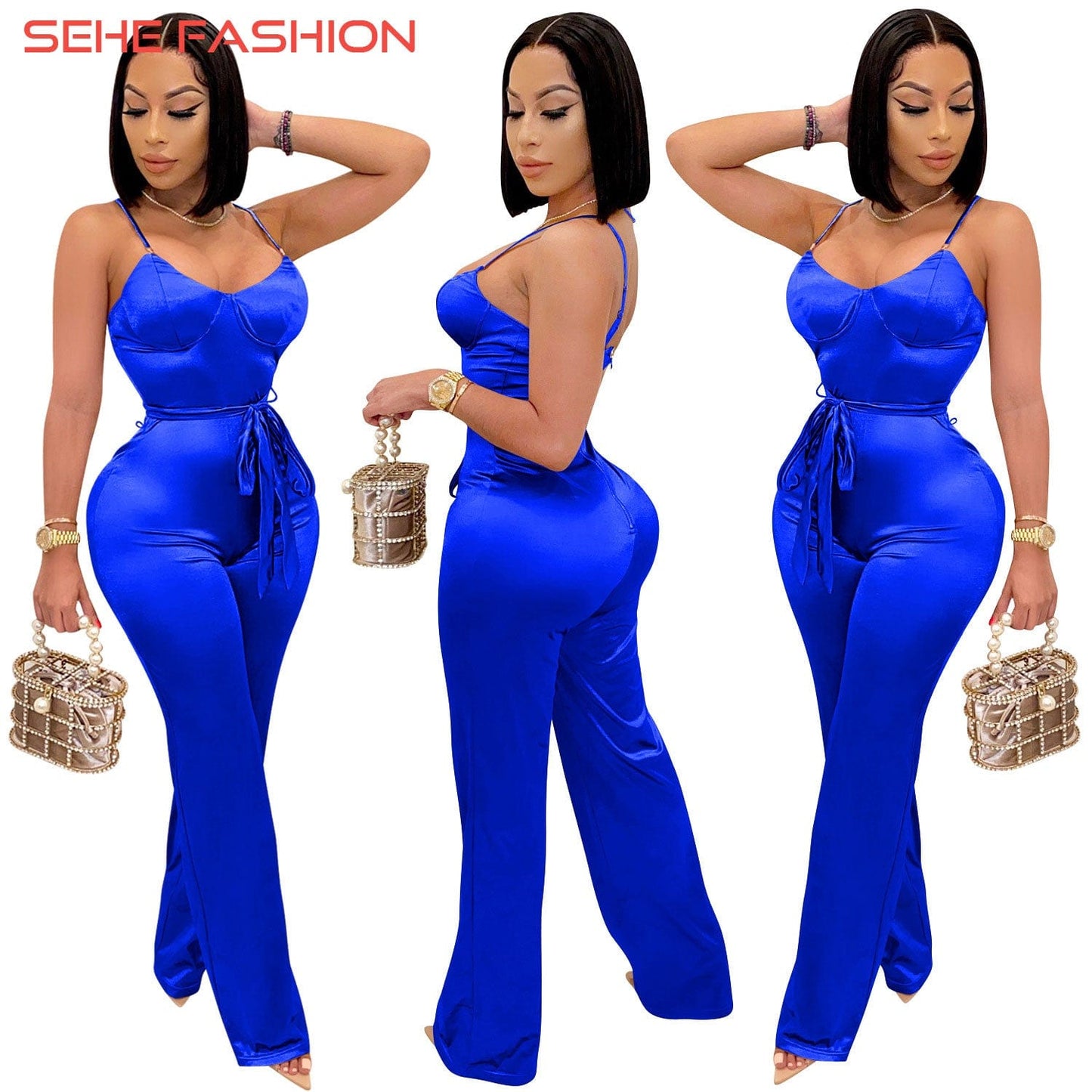 21009-MX69 Halter Onesie Straight Pants Women Sexy Jumpsuit With Belt