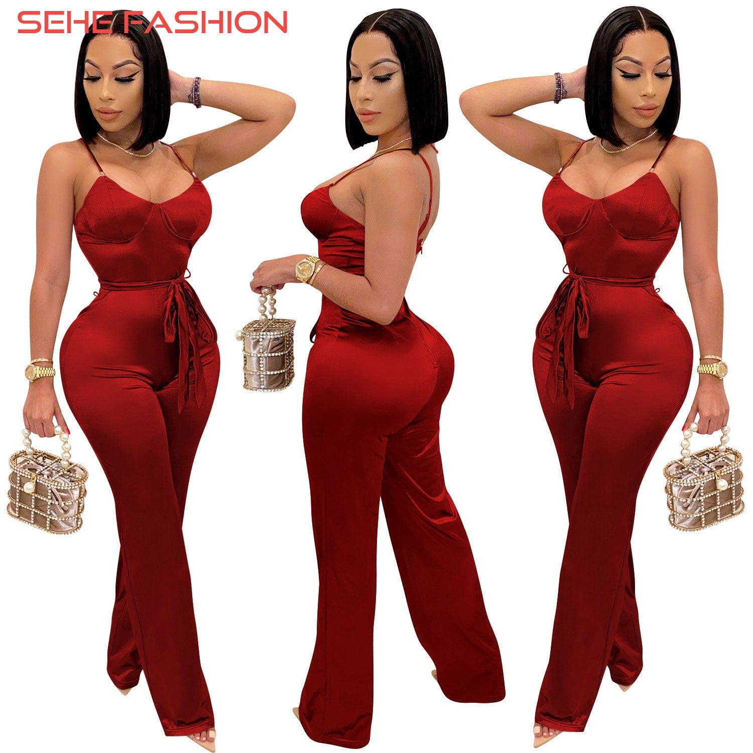 21009-MX69 Halter Onesie Straight Pants Women Sexy Jumpsuit With Belt