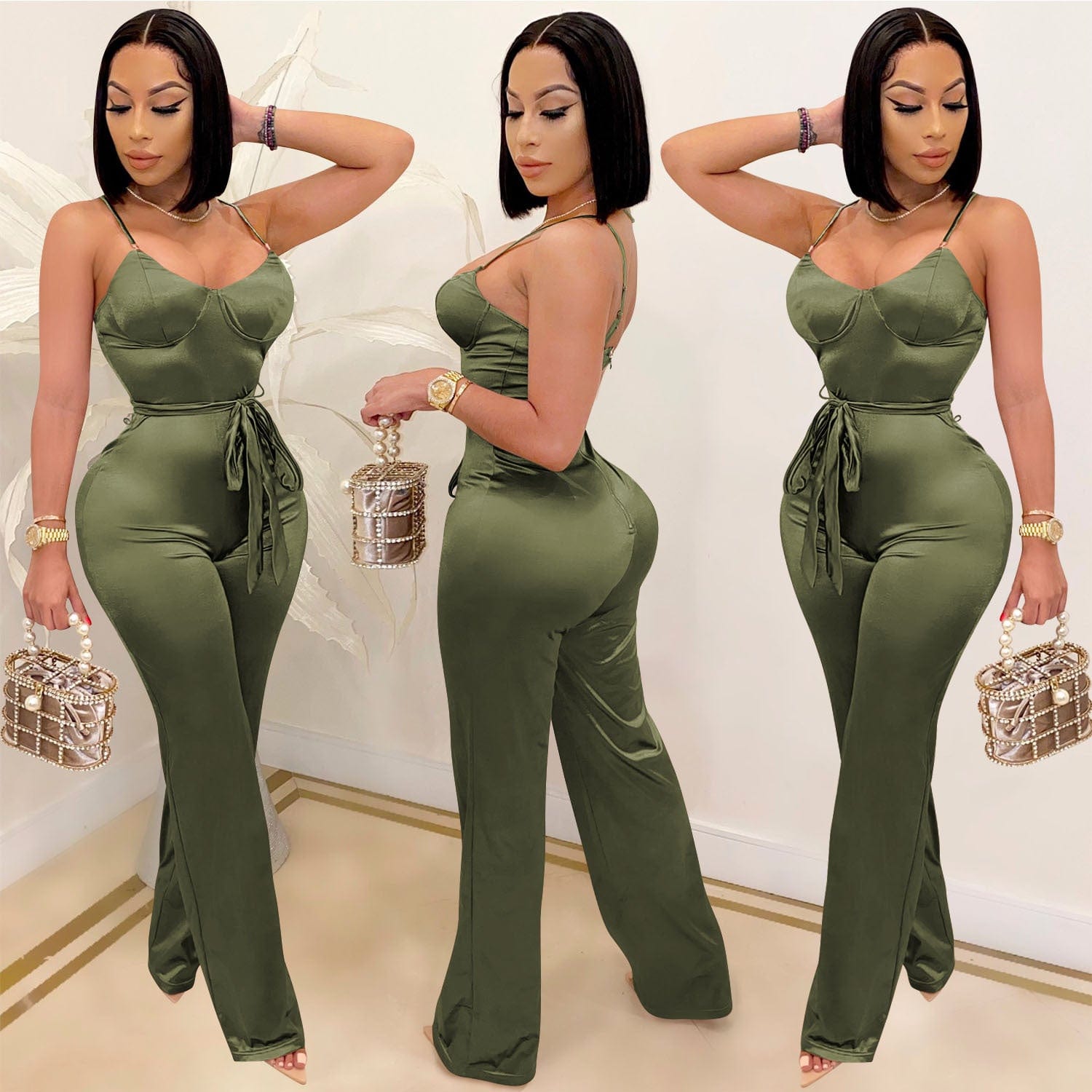 21009-MX69 Halter Onesie Straight Pants Women Sexy Jumpsuit With Belt