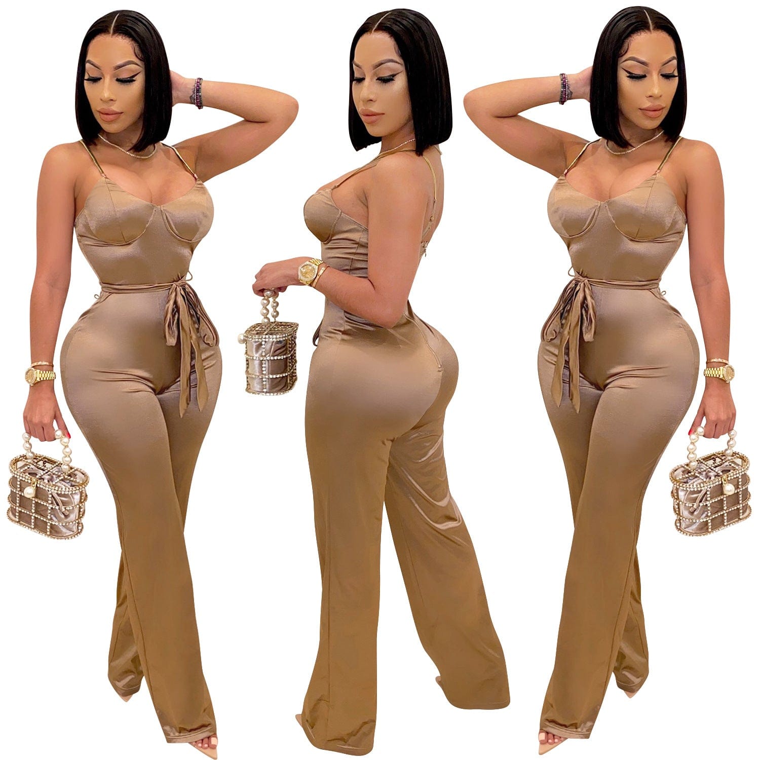 21009-MX69 Halter Onesie Straight Pants Women Sexy Jumpsuit With Belt