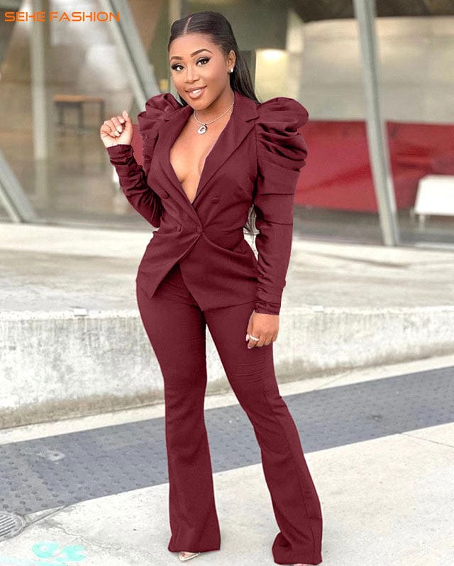 21020-MX41 bubble sleeve formal suit women sets two piece sehe fashion