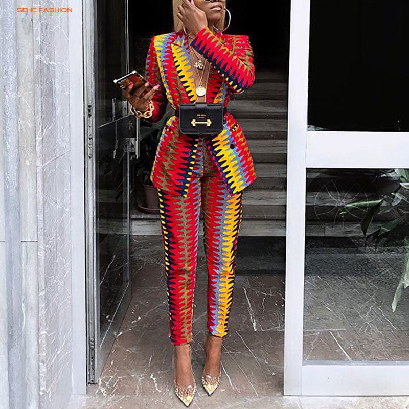 21230-MX91 sehe fashion jumpsuits women two piece pants set printed suits collar