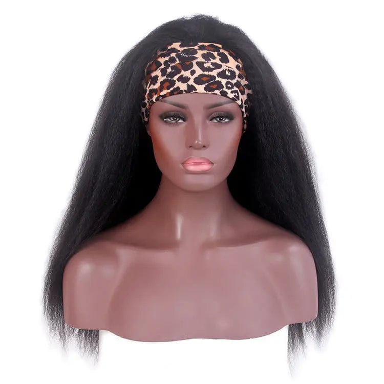 22 Inches / 1B# with leopard headband Guangzhou Wholesale Luxury Black Afro 24inch Synthetic Yaki Wig Long Straight Kinky Curly Headband Wigs for Black Women