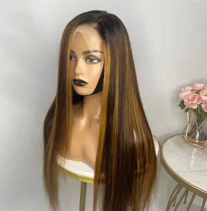 22 Inches / Highlight Brown Hot Selling Highlight Brown Silky Straight Human Hair 13*4 Lace Front Wigs for Black Women