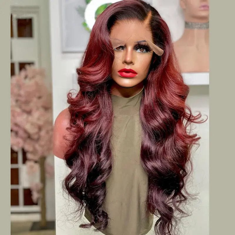 22 Inches / #ombre burgundy Luxury Long Wigs Body Wave Cuticle Aligned 100% Vietnamese Real Human Hair Lace Front Wigs