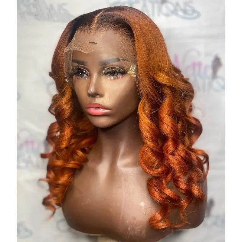 22 Inches / Orange Ginger Trendy Swiss Lace Front Wig Loose Wave Ombre Ginger Orange 13*4 Lace Front Human Hair Wigs