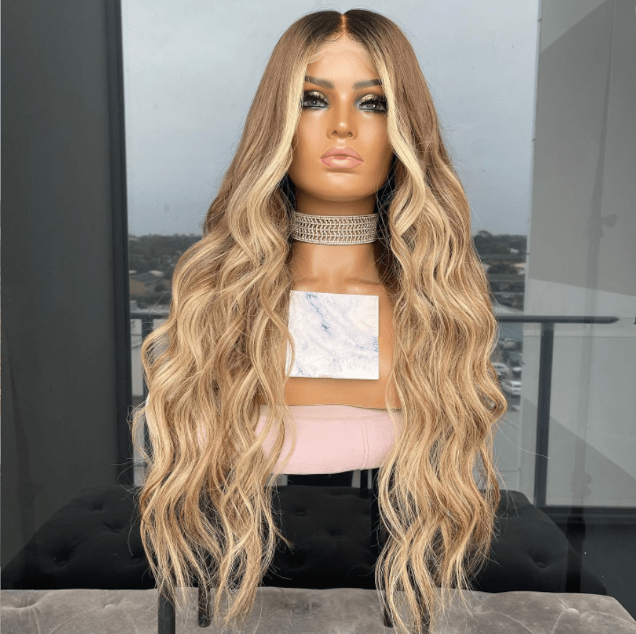 22 Inches / Style#1 HD Wig Ombre Medium Ash Blonde Highlight Light Brown Wave Style Full Virgin Cuticle Human Hair Lace Front Wigs