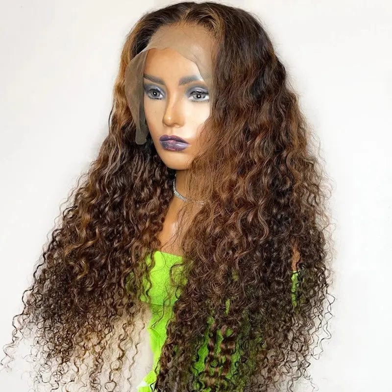 22 Inches / # style1 Long Inches Deep Curly Wig Brown Highlight Bleached Knots Unprocessed Human Hair Lace Front Wigs