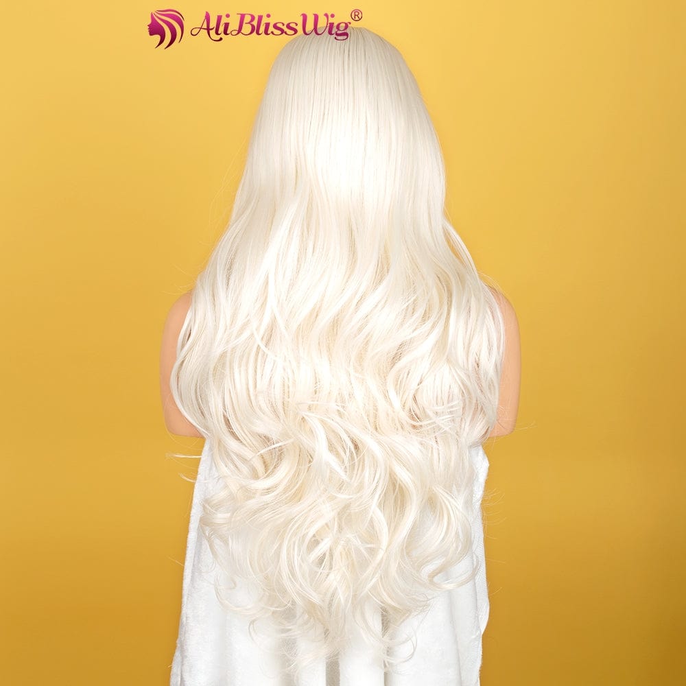 24 Inches / 60 New Heat Resistant Fiber Long Wavy Middle Parting 60 Platinum Blonde  Transparent HD Synthetic Hair Lace Front Wig