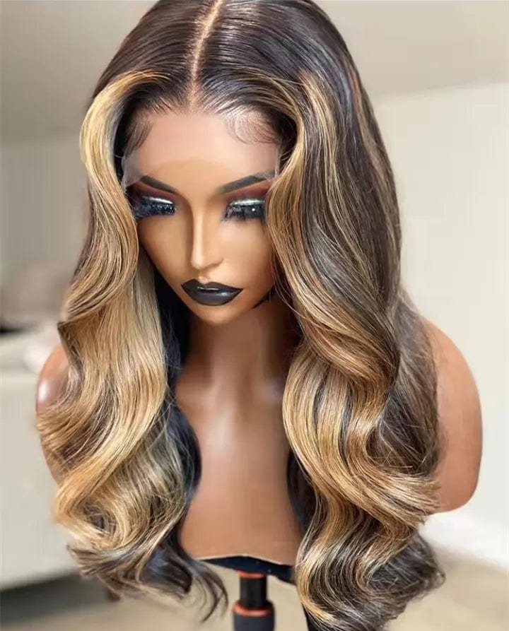 24 Inches / Highlight Brown Wholesale Wavy Highlight Brown Virgin Cuticle Aligned Hair 13*4 Lace front Wigs for Black Women