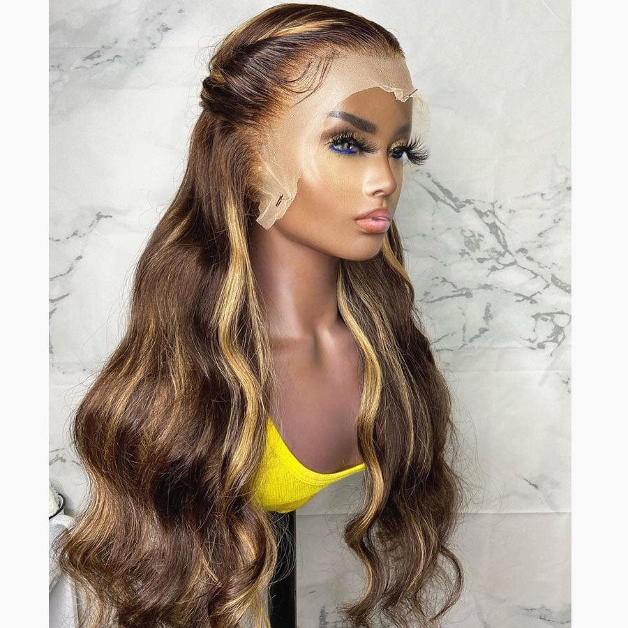 24 Inches / Wig 10 Beautiful Highlight Blonde With Dark Brown Ocean Wave 100 Virgin Human Hair Invisible Lace Front Wigs