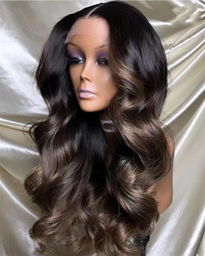 24 Inches / wig 5 Beautiful Highlight Blonde With Dark Brown Ocean Wave 100 Virgin Human Hair Invisible Lace Front Wigs