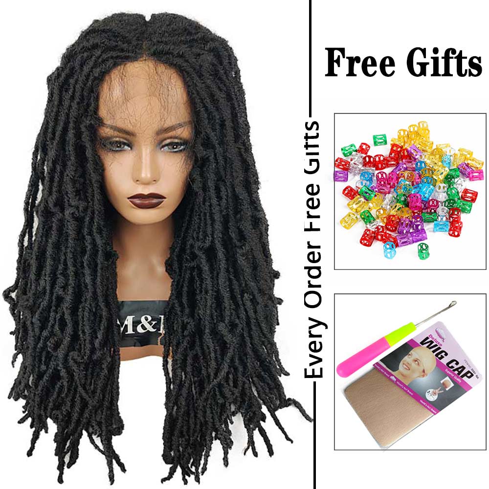 24inch New Loc  1B Crochet Braid Twist Wig Afro Locs Heat Resistant Kinky Curly Braids Hair High Fiber Deep Part Synthetic Lace Front Wig