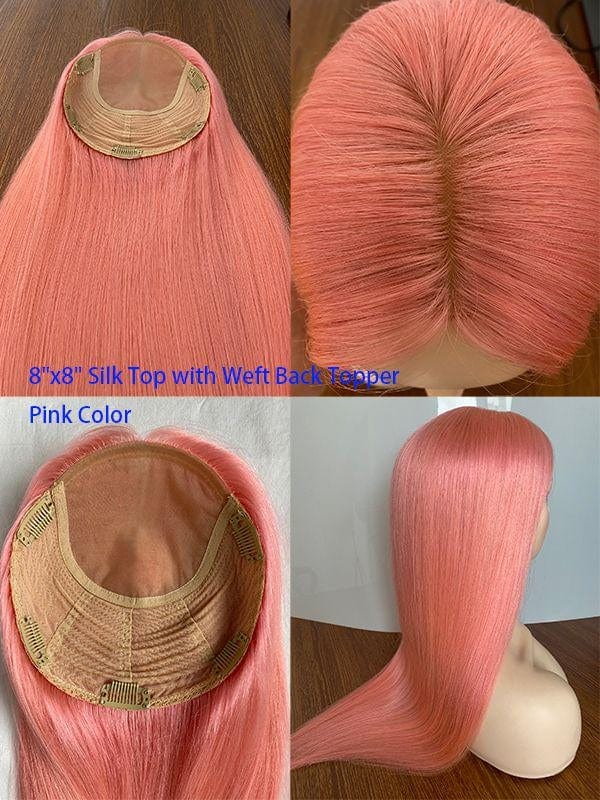 24inches / Pink 8X8 6"X 6.5'' 8''X 8'' Silk Top with Weft Back Silk Base Human Hair Wig