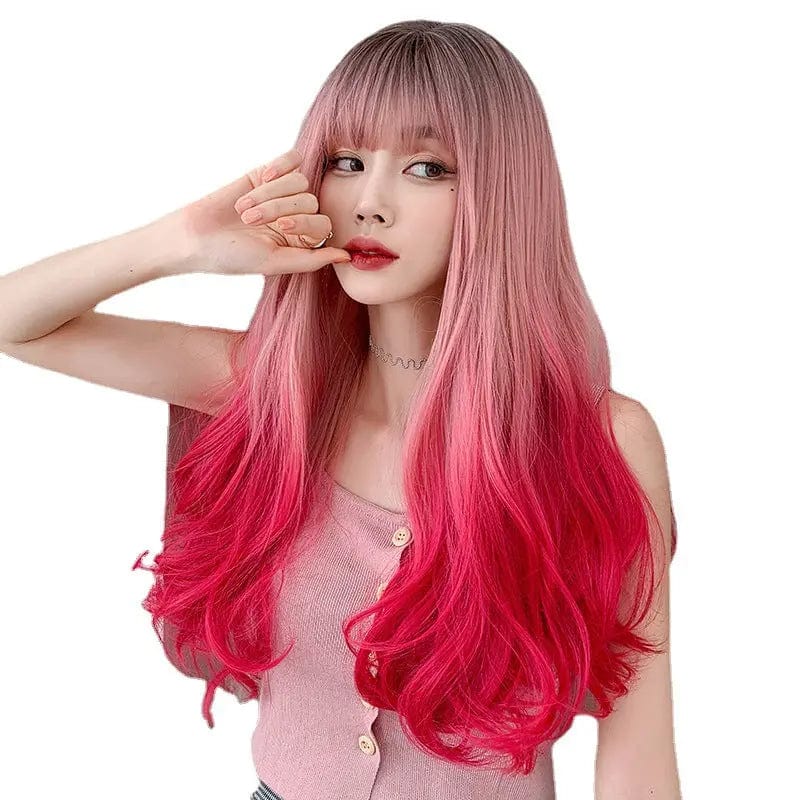 25.6Inches / Pink / One size fit all Pink Red Black Gradient Long Waves Natural