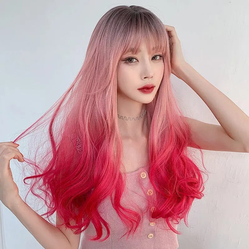 25.6Inches / Pink / One size fit all Pink Red Black Gradient Long Waves Natural