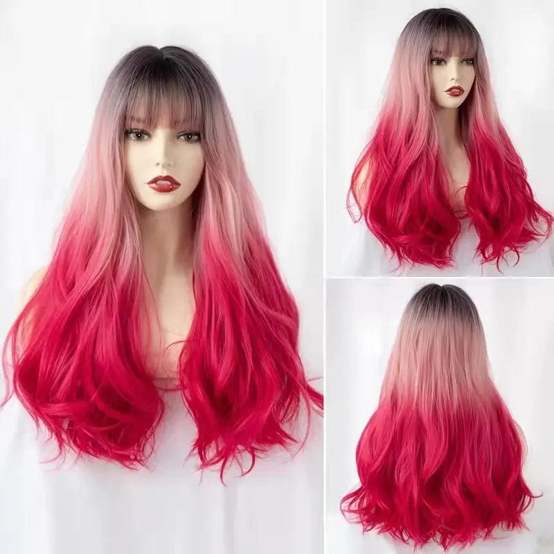 25.6Inches / Pink / One size fit all Pink Red Black Gradient Long Waves Natural