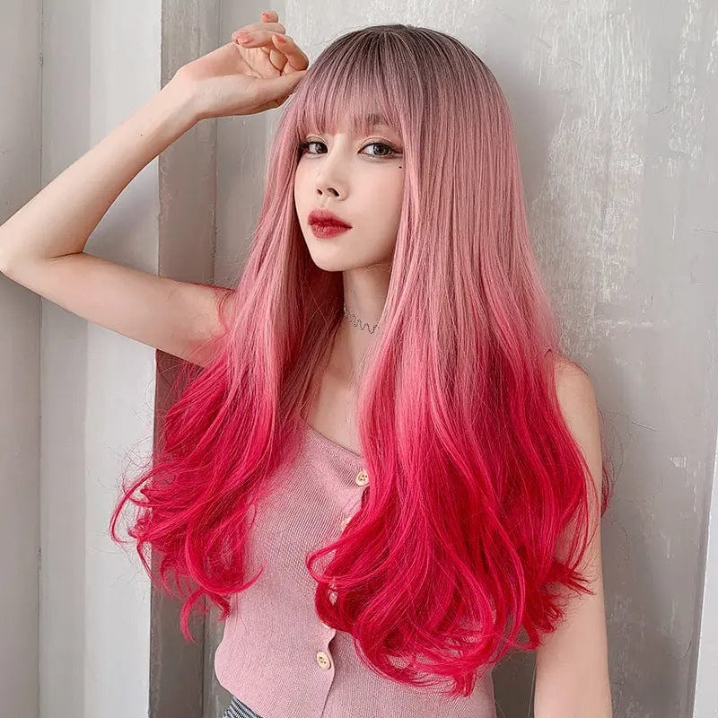 25.6Inches / Pink / One size fit all Pink Red Black Gradient Long Waves Natural