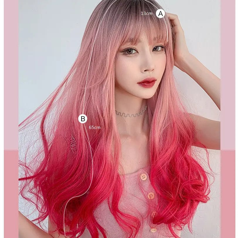 25.6Inches / Pink / One size fit all Pink Red Black Gradient Long Waves Natural