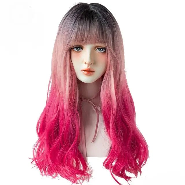 25.6Inches / Pink / One size fit all Pink Red Black Gradient Long Waves Natural