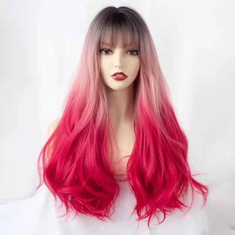 25.6Inches / Pink / One size fit all Pink Red Black Gradient Long Waves Natural