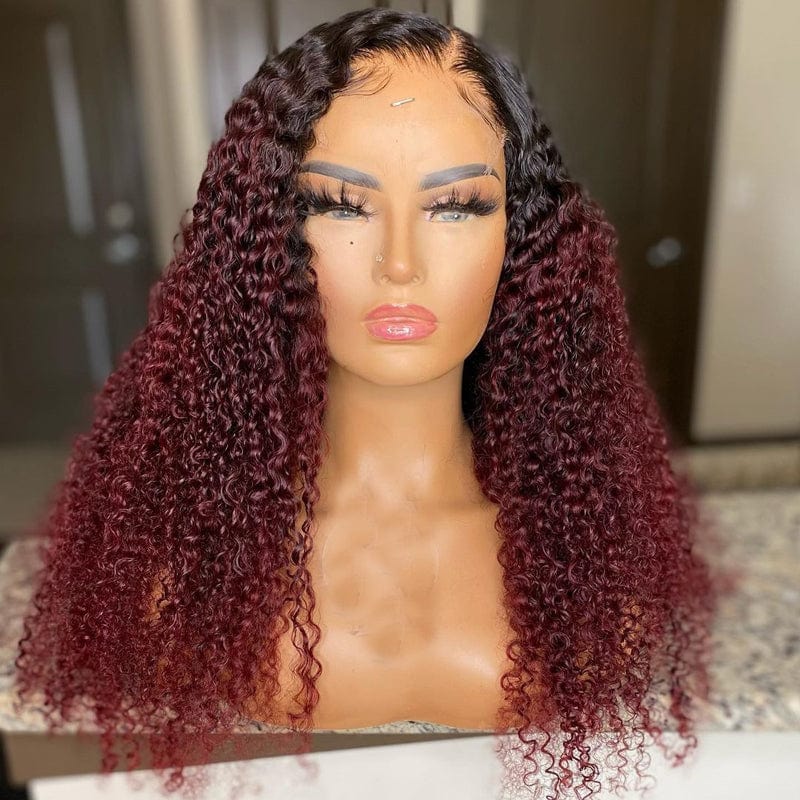 26 Inches / curly wig 99J Burgundy Transparent 5x5 Lace Closure Wigs Deep Wave With Pre Pluck Brazilian Human Hair Lace Front Wigs