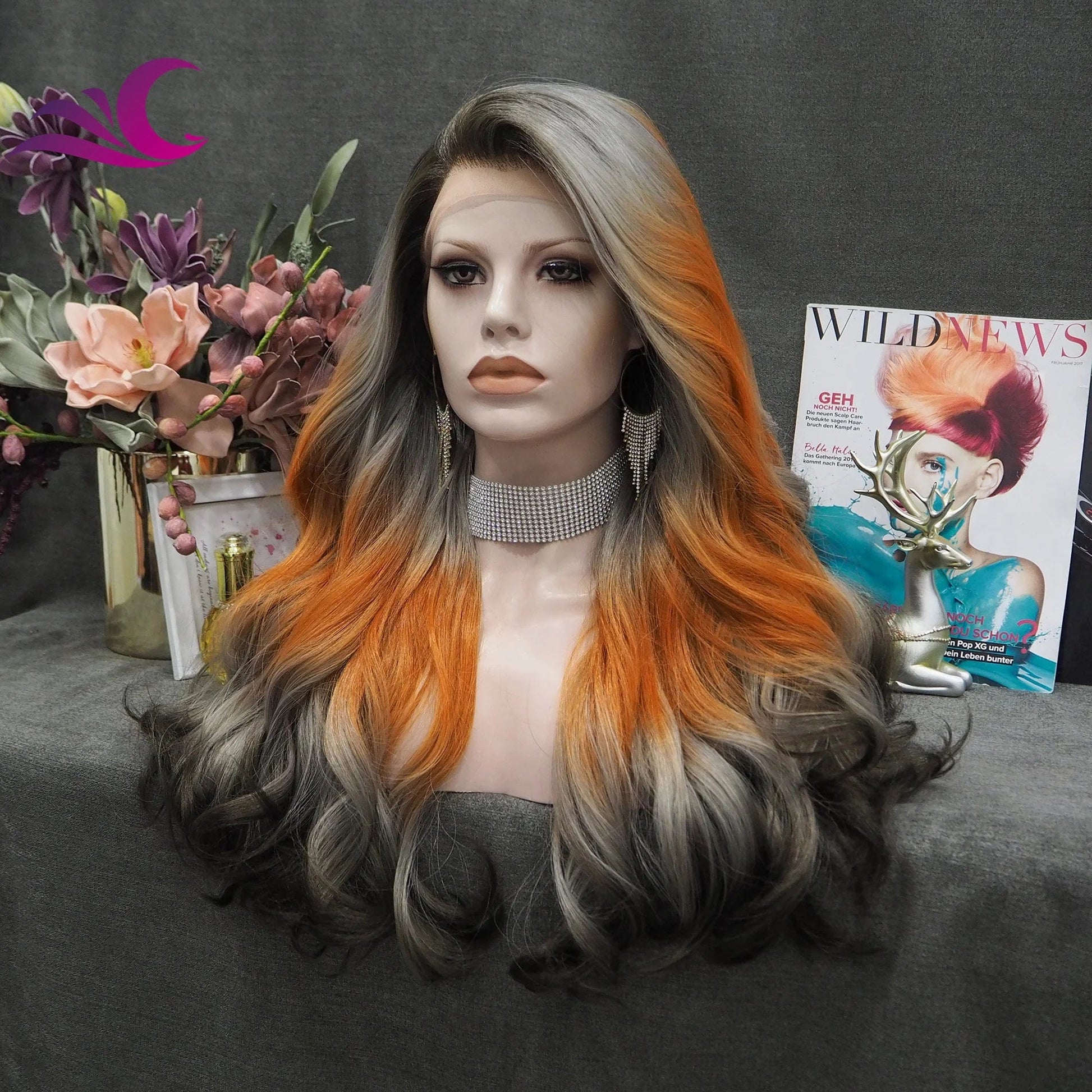 26 Inches / S28-2104 Celebrity Ombre Orange Flame Wig Synthetic Lace Front Wig Futura Heat Resistant Fiber Grey Synthetic Hair Wigs For Cosplay