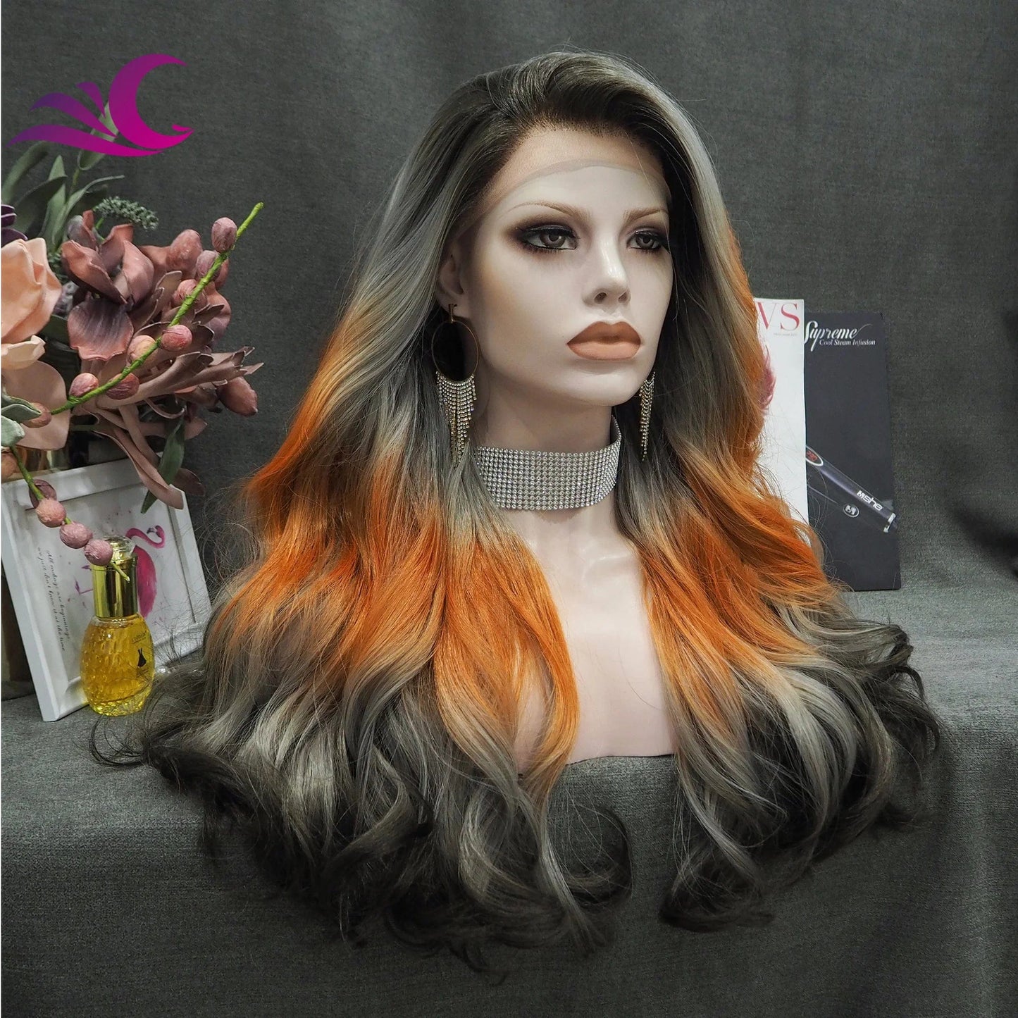 26 Inches / S28-2104 Celebrity Ombre Orange Flame Wig Synthetic Lace Front Wig Futura Heat Resistant Fiber Grey Synthetic Hair Wigs For Cosplay