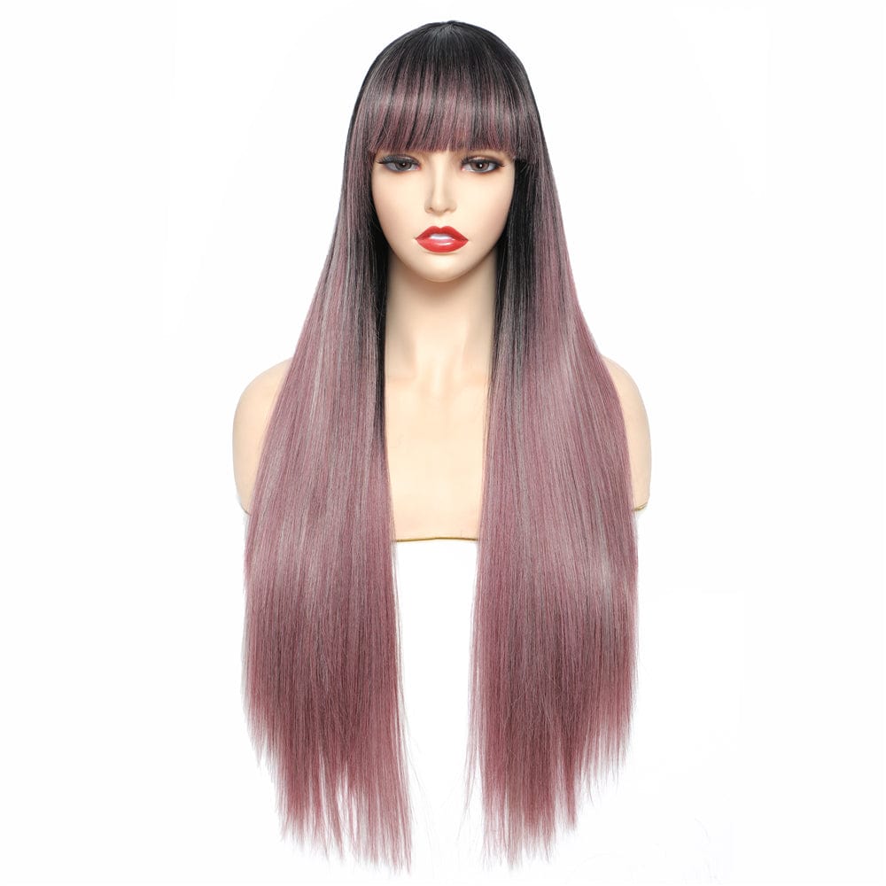 29 Inches / MEDIUM MAUVE X-TRESS NEW Factory Price 29 Inch Long Straight Hair Lace Front Wig With Bangs Heat Resistant Synthetic Wigs For Black Women