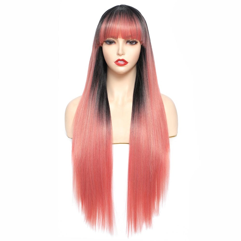 29 Inches / PEACH BLOSSOM X-TRESS NEW Factory Price 29 Inch Long Straight Hair Lace Front Wig With Bangs Heat Resistant Synthetic Wigs For Black Women