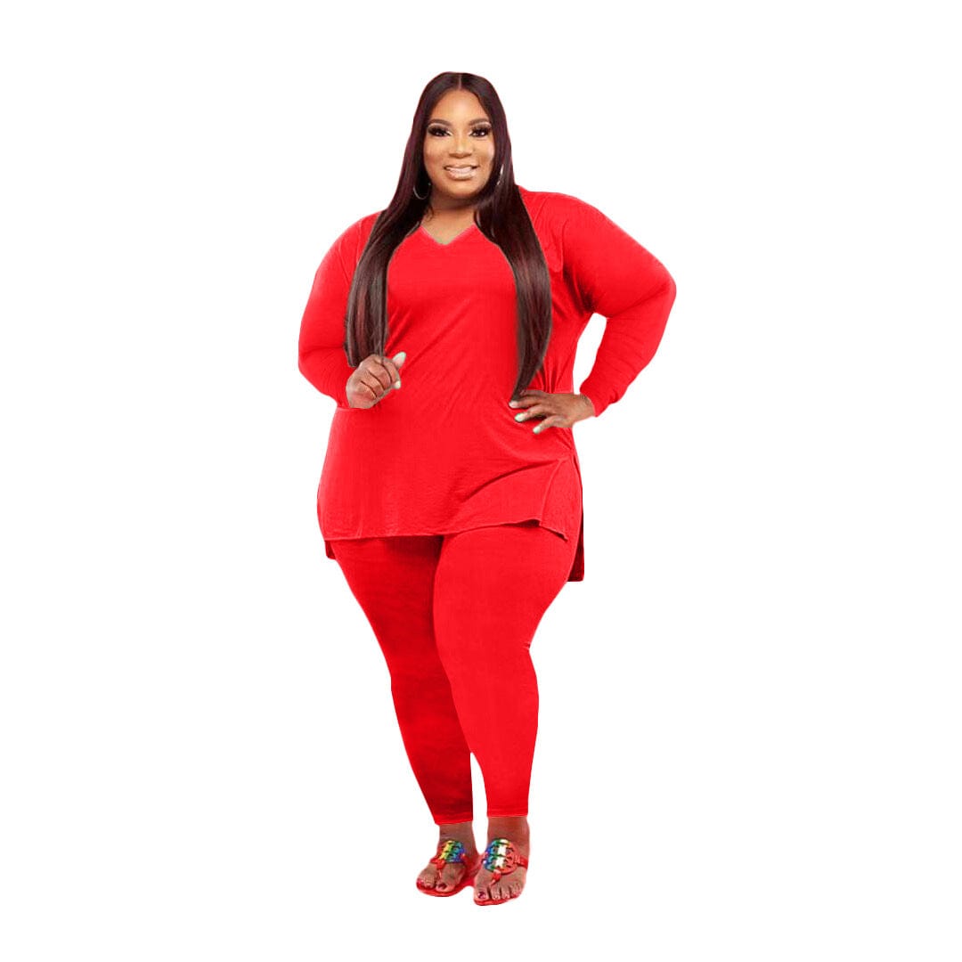 3 XL / 5 LW-Q77262 V neck side split long sleeve t shirts and pants women plus size 2 piece sets