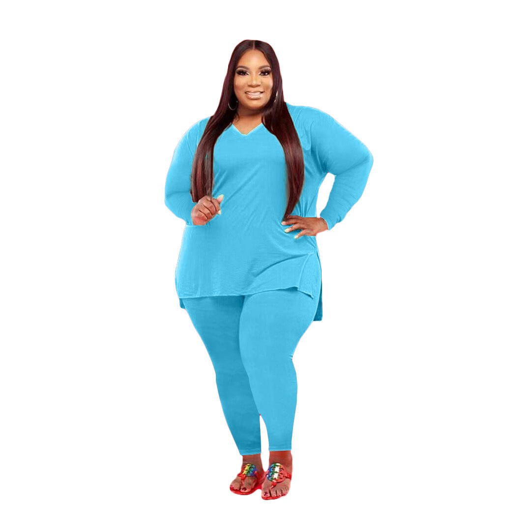 3 XL / 6 LW-Q77262 V neck side split long sleeve t shirts and pants women plus size 2 piece sets