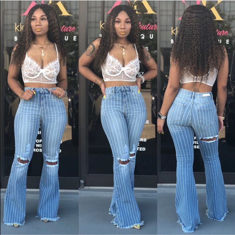 3 XL / 969 AIPA Hot Selling Fashion All-match Wide-legged Striped Women's Jeans Flared Pants With Ripped Knees