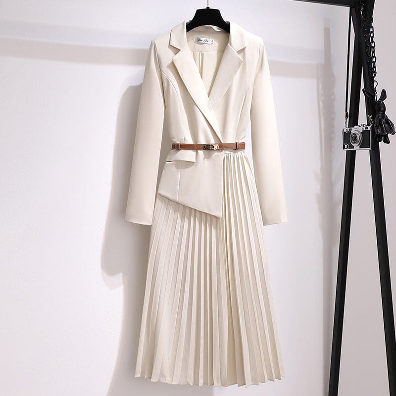 3 XL / apricot Plus Size Office Lady Dress New Fashion Long Sleeve Women Blazer Dress Slim Pleated Dress without belt