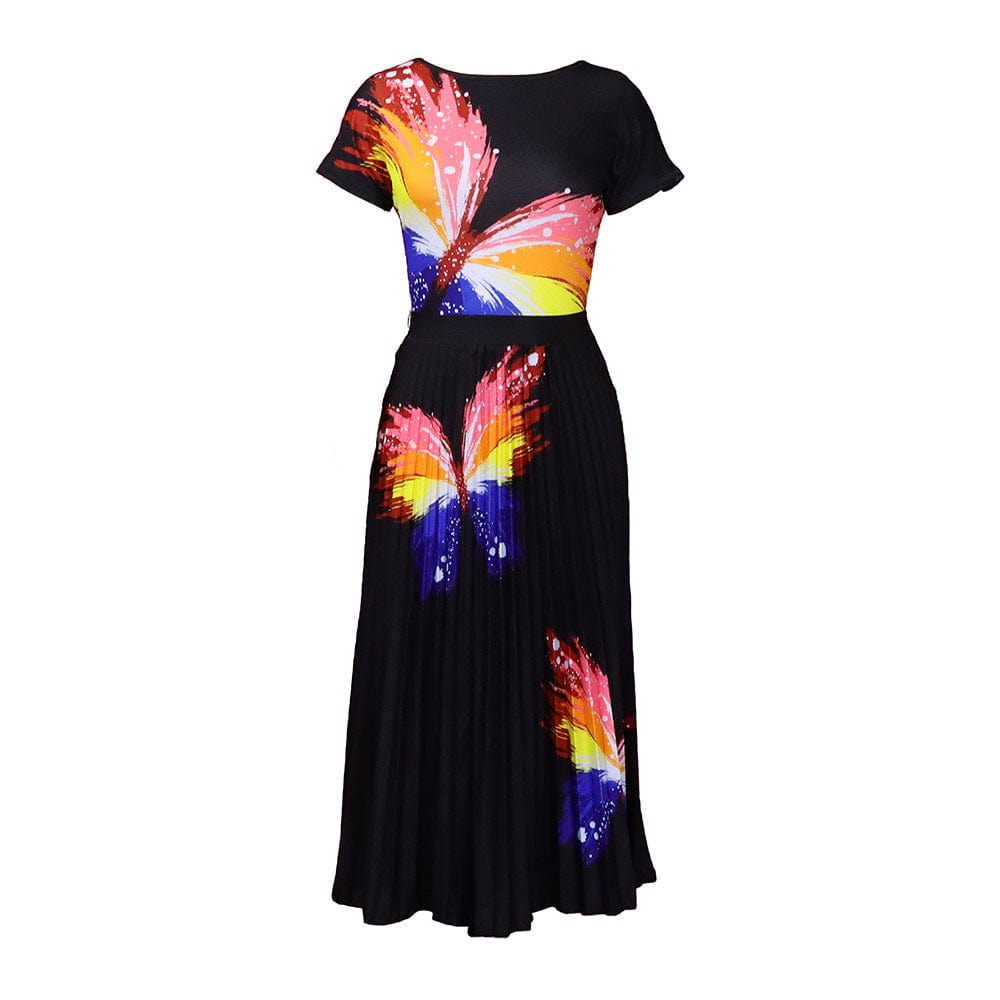 3 XL / black C1102ME71 Wholesale Casual Butterfly Print T-Shirt Pleated Two Piece Skirt Set Women Sehe Fashion