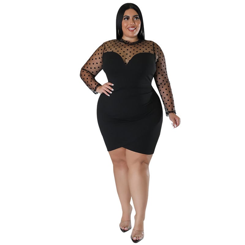 3 XL / black C1103ME43 New Arrival Plus Size Sexy Sheer Mesh Dot Print Bodycon Irregular Dress Women Sehe Fashion