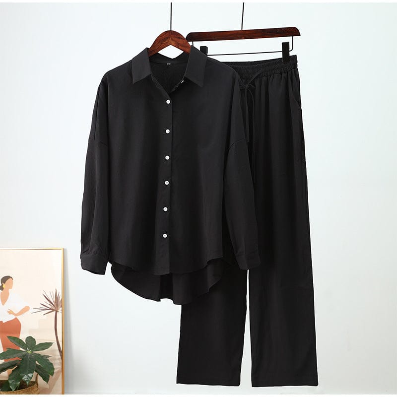 3 XL / black fall winter new women clothing ladies loose stretch crease long sleeve shirt wide leg pants casual sets women's 2 piece set