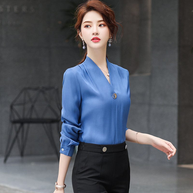 3 XL / Blue blouse OEM Less is More Simple Wholesale High-quality Elegant Shirt V-neck Collar White Women Clothes Tops Office Ladies Blouses