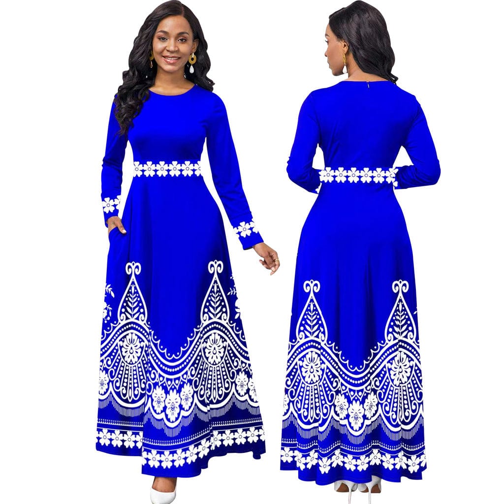 3 XL / Blue C1103ME19 New Design Elegant Unique Print High Waist Maxi Dress For Women Sehe Fashion