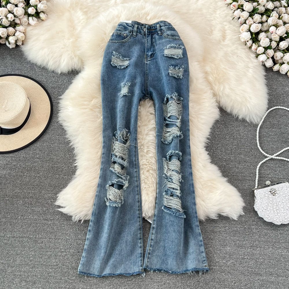 3 XL / Blue Hot styles High-waisted slim and high visible thin Large size ripped pants Denim Flared Pants