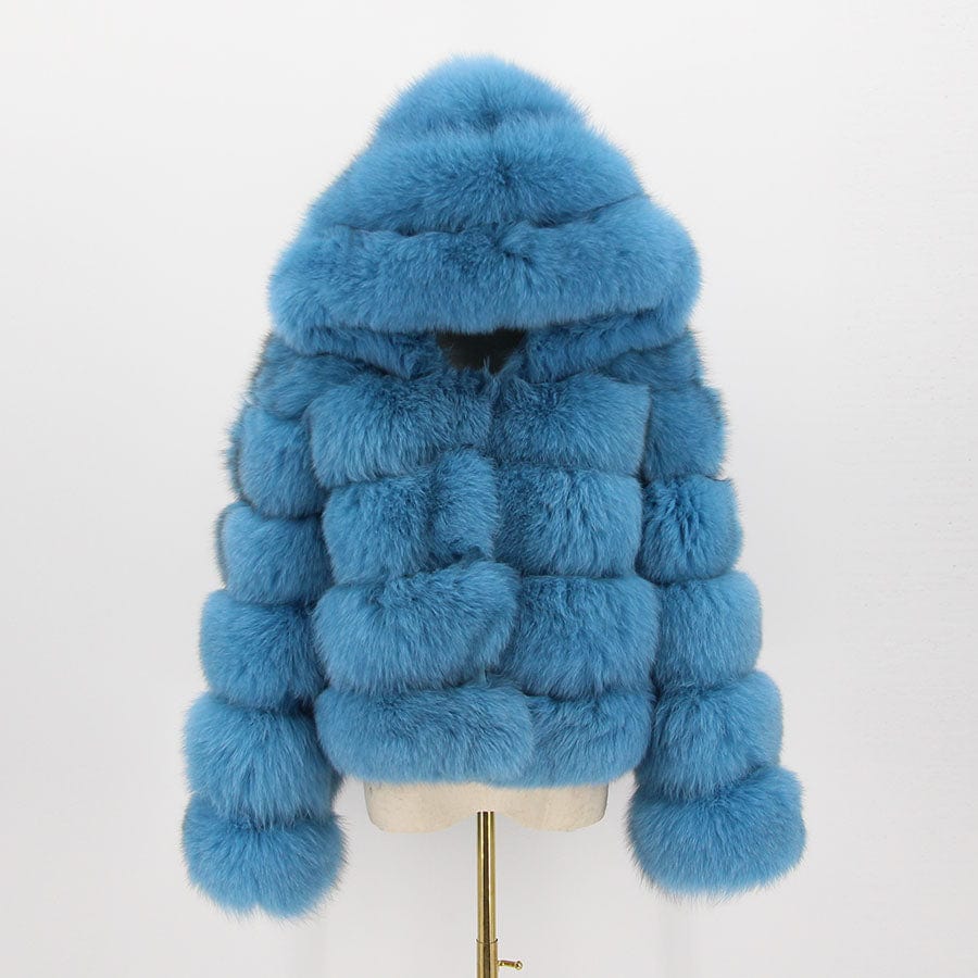 3 XL / Blue QIUCHEN QC20110 Fashion Winter Warm Fluffy Fur Jacket Women Genuine Hooded Real Fox Coat