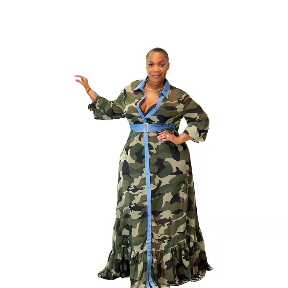 3 XL / Camouflage J&H fashion New Ruffle Dress Button Collar Shirt Longsleeve V Neck Long Loose Maxi Dress with Belth Camouflage Print Casual Wear