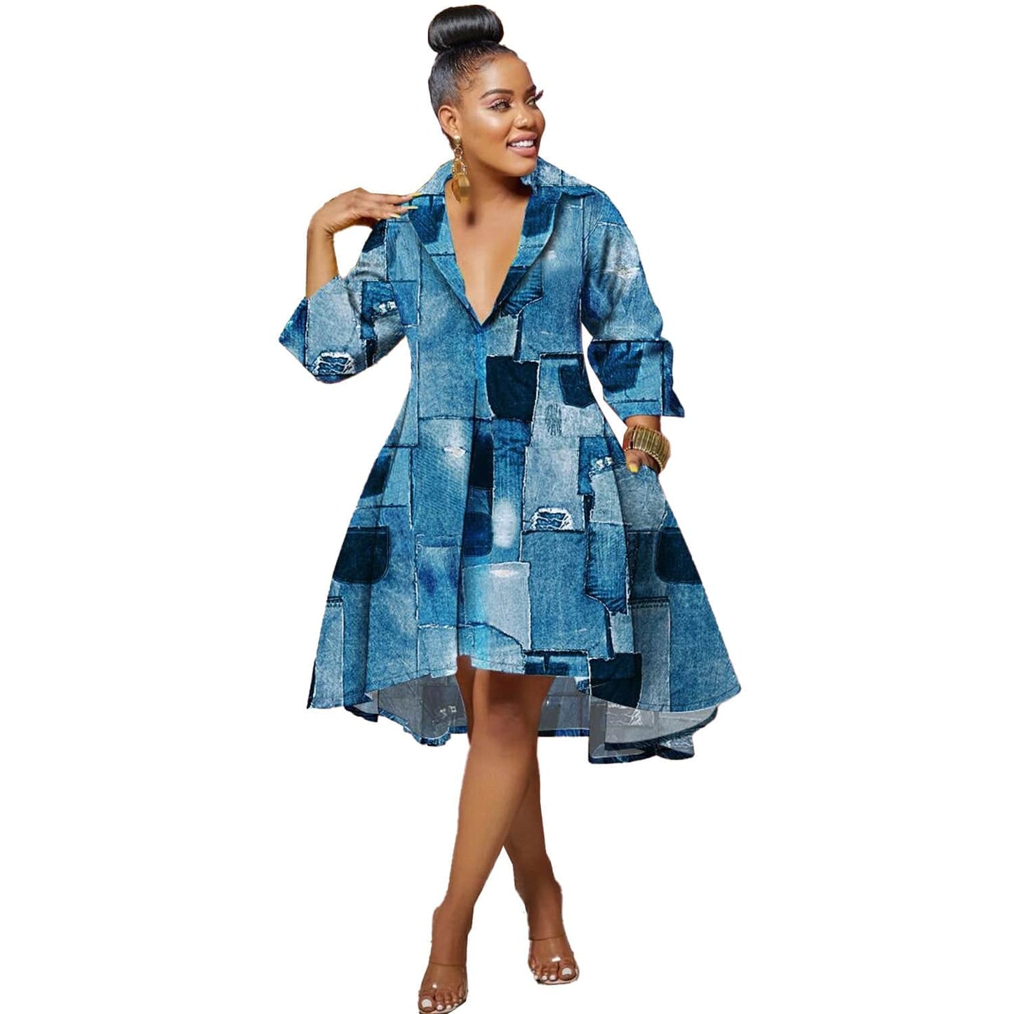 3 XL / denim Plus Size 3/4 Sleeve Colourful Denim Leopard Camo Asymmetrical Silk Dress Women Ladies Elegant Loose Womens Knee Length Dresses