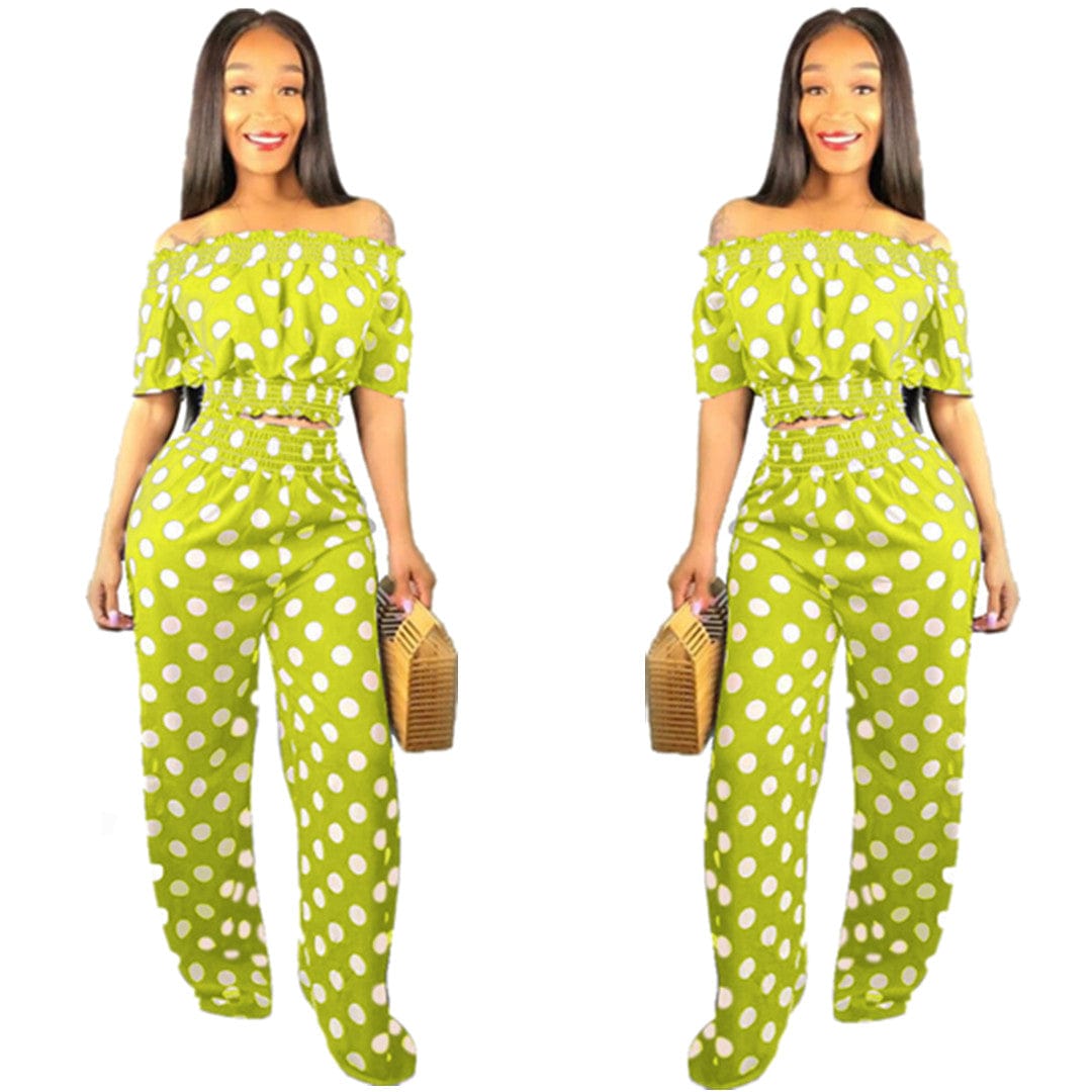 3 XL / green 2022 New arrival polka dot slash sexy top fashion high quality flare pants ladies two piece set women clothing